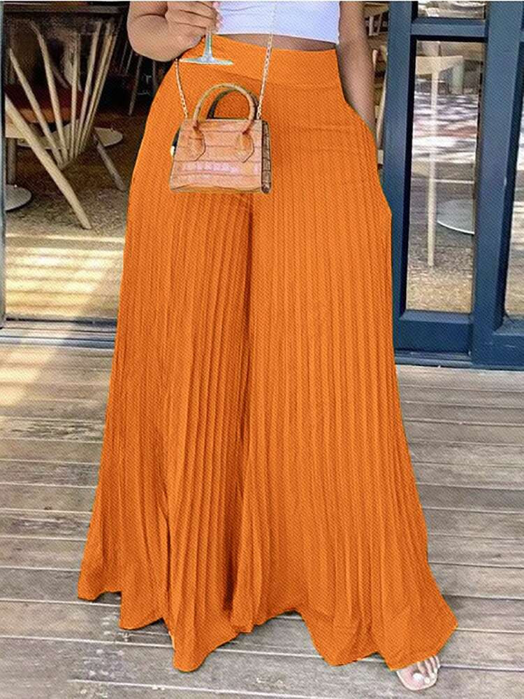 Zivah Summer Elegant Elastic Waist Yellow Pleated Large Hem Extra Long Wide Leg Pants Women's Tro... | SHEIN