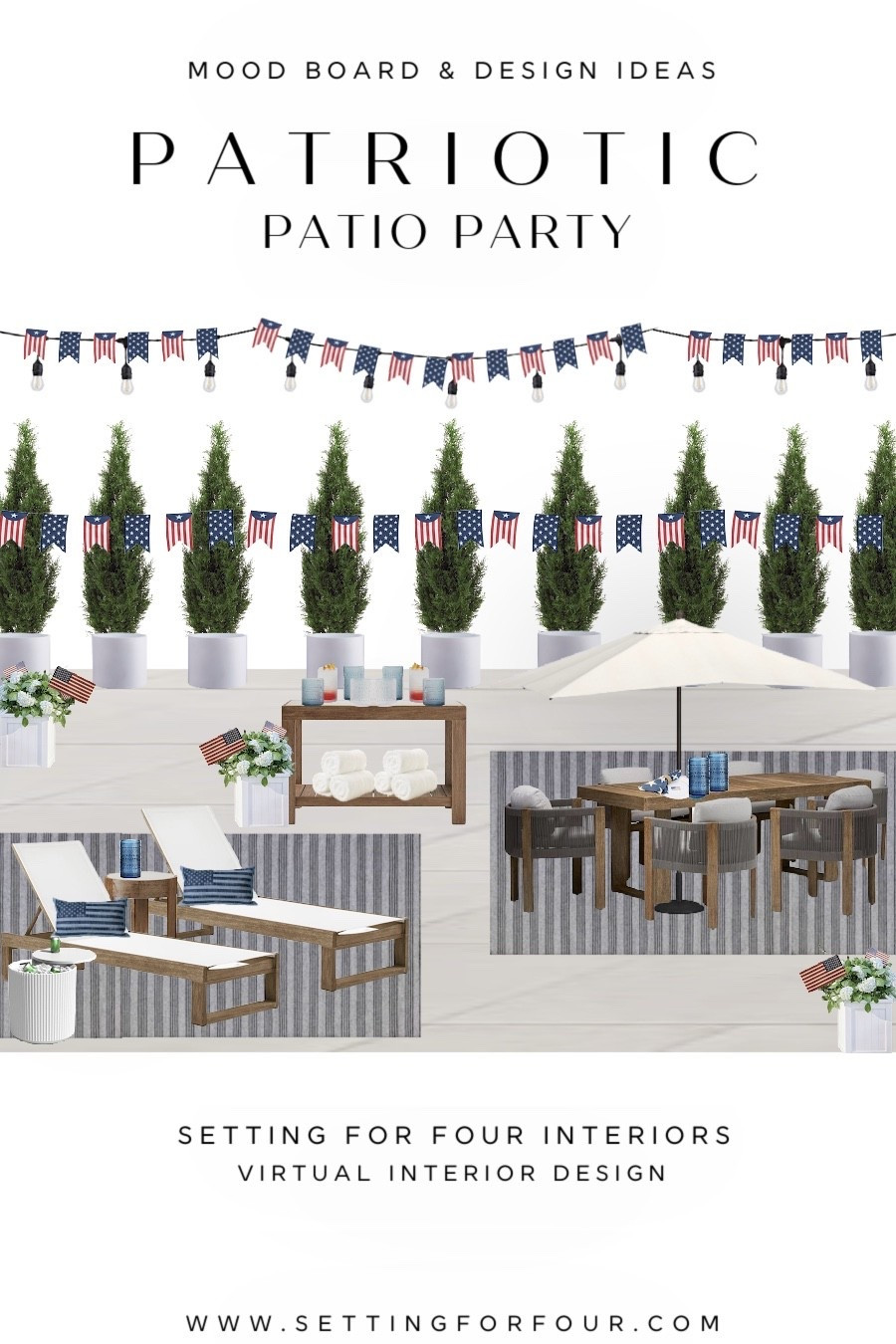 Patriotic Patio Decor ideas-  decorations for the outdoor, backyard Memorial Day and 4th of July Patio Party! Mood Board & Design Ideas.
American flag, party, Outdoor dining table, outdoor chaise lounge chairs, rug, console table, Independence Day, USA, pillows, banner, flag, patio umbrella, cooler, outdoor cedar trees, organic modern, transitional, farmhouse, Amazon home, Walmart
Alert #LTKFindsUnder50

#LTKsummer #LTKsale #LTKhome