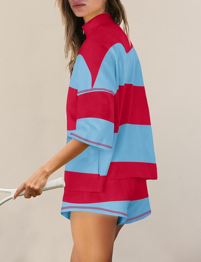 Panadila Women Striped Workout Set Two Piece Outfit Tracksuit Oversized Lounge Set Top and Shorts... | Amazon (US)