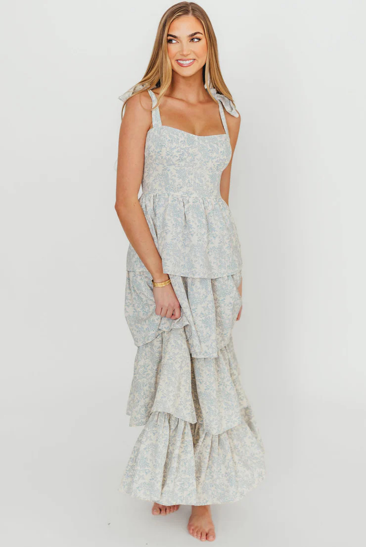 Lottie Tiered Maxi Dress in Blue Floral | Worth Collective