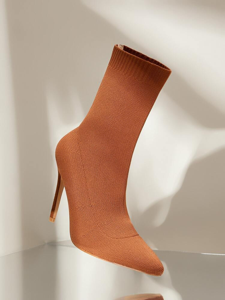 Cuccoo Knit Detail Point Toe Stiletto Heeled Sock Boots | SHEIN