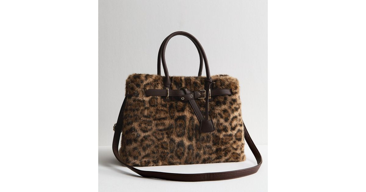 Brown Leopard Print Faux Fur Triple Compartment Tote Bag | New Look | New Look (UK)