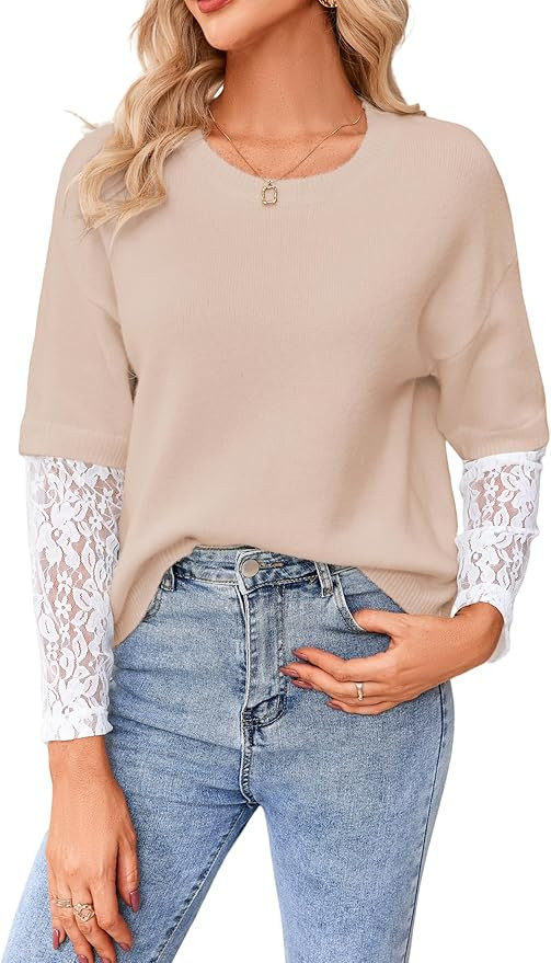 Women's Lace Long Sleeve Sweater Crewneck Casual Loose Ribbed Knit Top | Amazon (US)