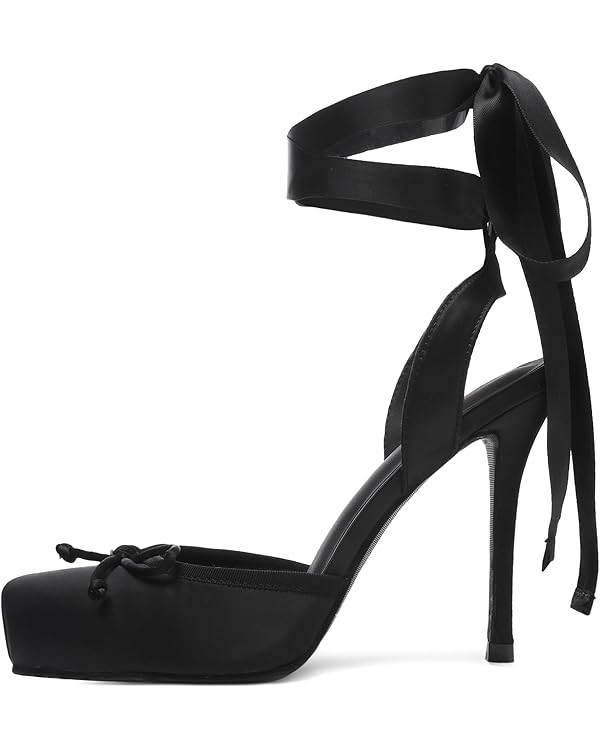 Satin Ballet Heels for Women Closed Square Toe Bow Ballerina Heels Lace Up High Heel Slingback Pu... | Amazon (US)