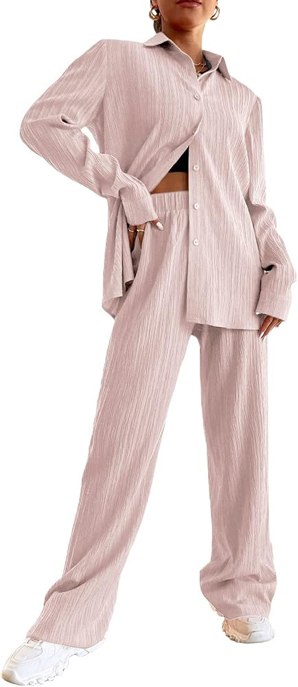 OYOANGLE Women's 2 Piece Outfits Long Sleeve Button Down Shirt Blouse and Wide Leg Pants Set | Amazon (US)