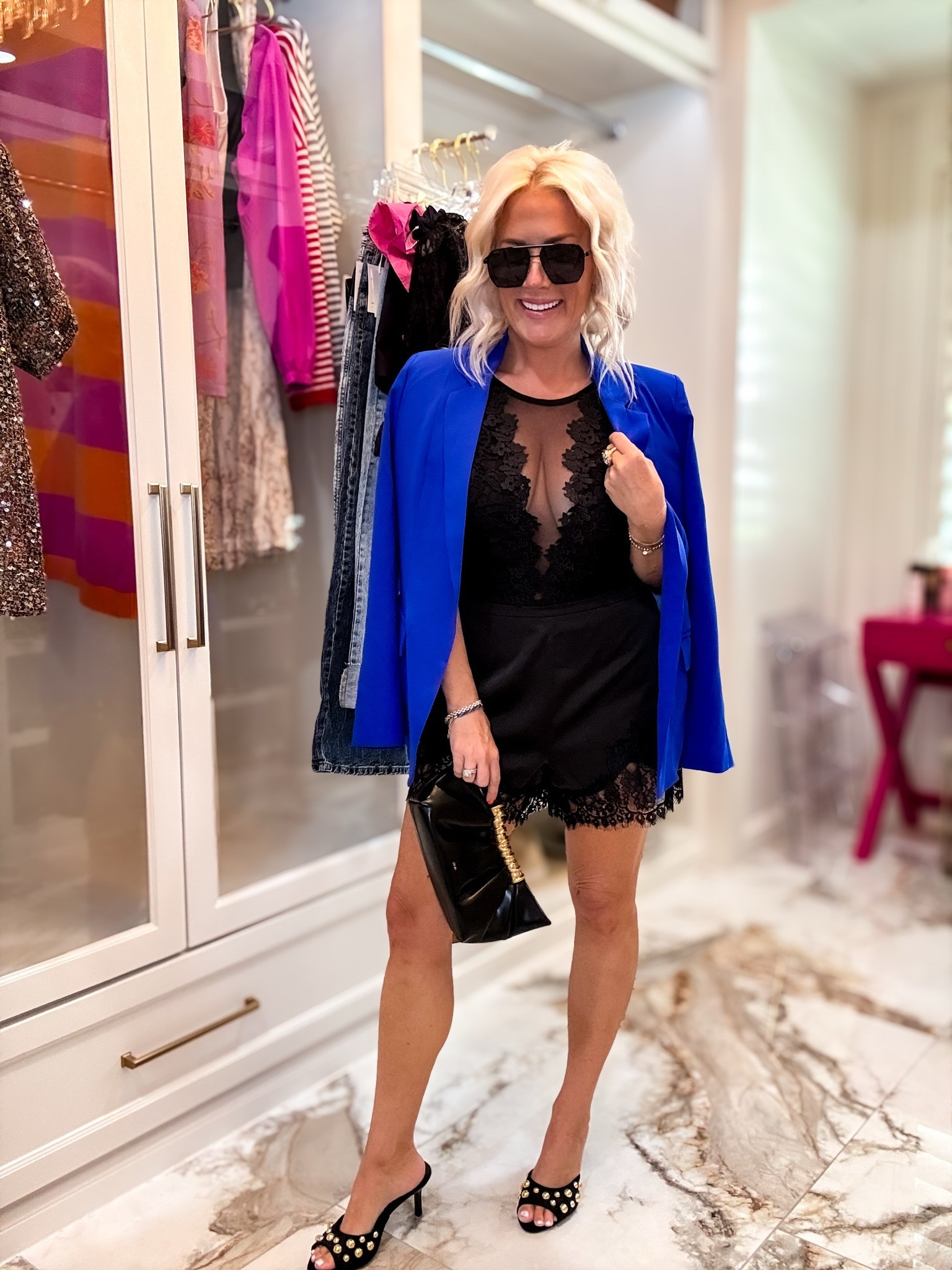 Styling lace satin shorts
Shorts size medium 
Top and blazer size small