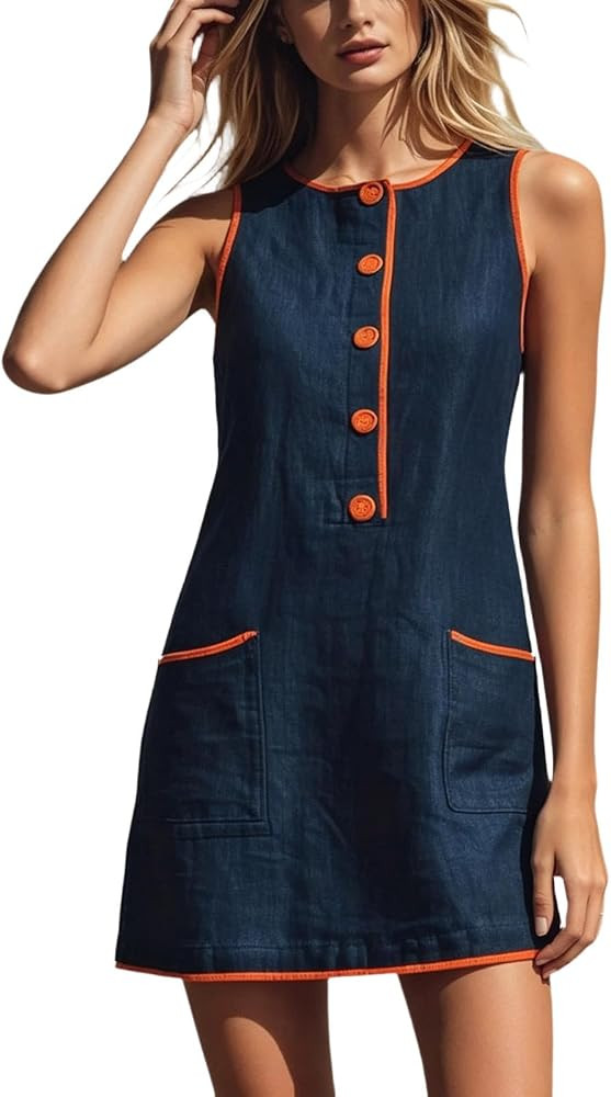 Lmdudan Women's Button Front Mini Dress Sleeveless Round Neck Contrast Dresses Comfy Trendy Summe... | Amazon (US)