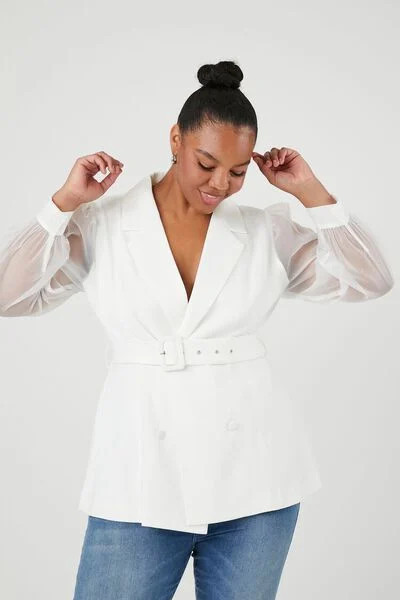 Plus Size Belted Sheer-Sleeve Blazer | Forever 21 (US)