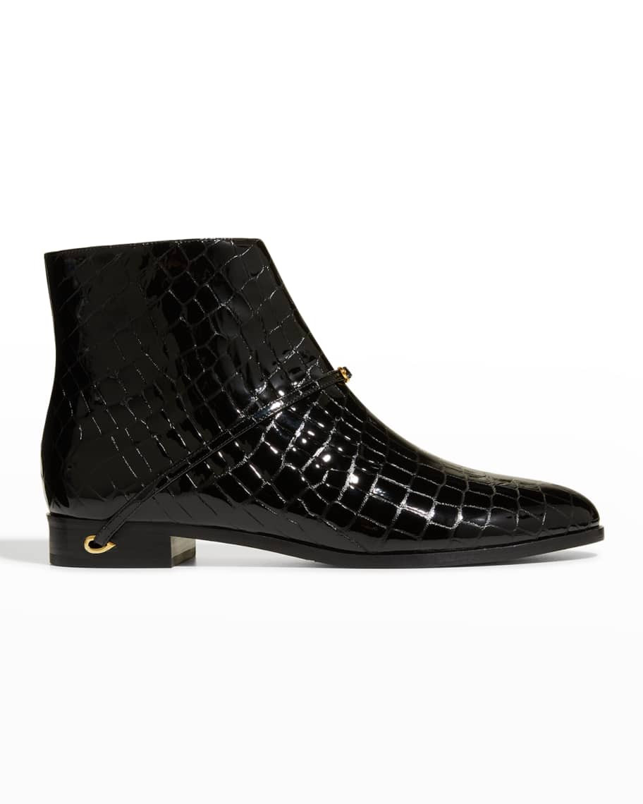Jennifer Chamandi Gianni Patent Leather Croc-Embossed Booties | Neiman Marcus