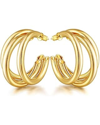 Chunky Gold Hoop Earrings for Women, 14k Gold Plated Thick Triple Twisted Hoop Earrings Hypoaller... | Amazon (US)
