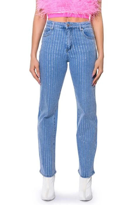 KICK BACK PINSTRIPE RHINESTONE WIDE LEG JEANS in medium blue denim | AKIRA