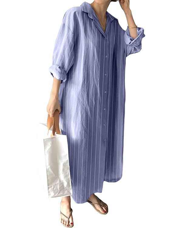 GGUHHU Womens Chic Button Down Rolled-Up Sleeve Long Cotton Blouse Maxi Dress | Amazon (US)