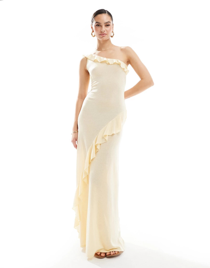 ASOS DESIGN asymmetric ruffle knit maxi dress in buttermilk-Yellow | ASOS (Global)