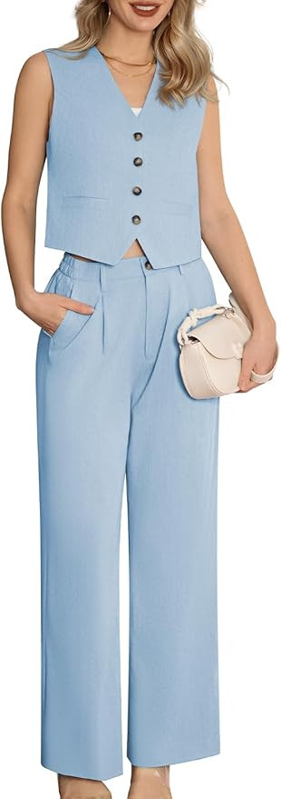 Women's 2 Piece Suiting Set Sleeveless Vest and Wide Leg Pants Suit Casual Business Office Outfit | Amazon (US)