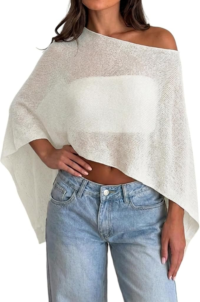 Womens Sheer Poncho Top Y2k Knitted Summer Asymmetrical Mesh Shawl Pullover Sweater Cover Up Tops | Amazon (US)