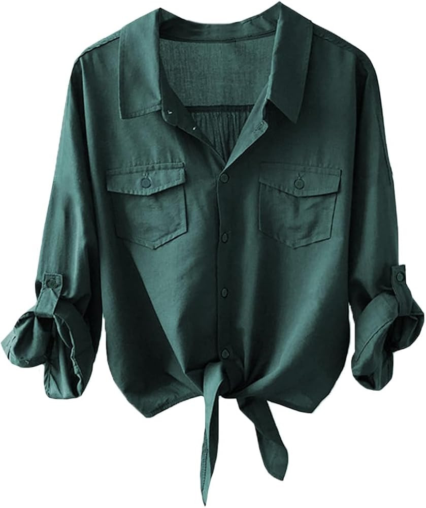 Womens Button Down V Neck Shirts 3/4 Sleeve Tie Front Loose Office Business Shirt Blouse Summer C... | Amazon (US)