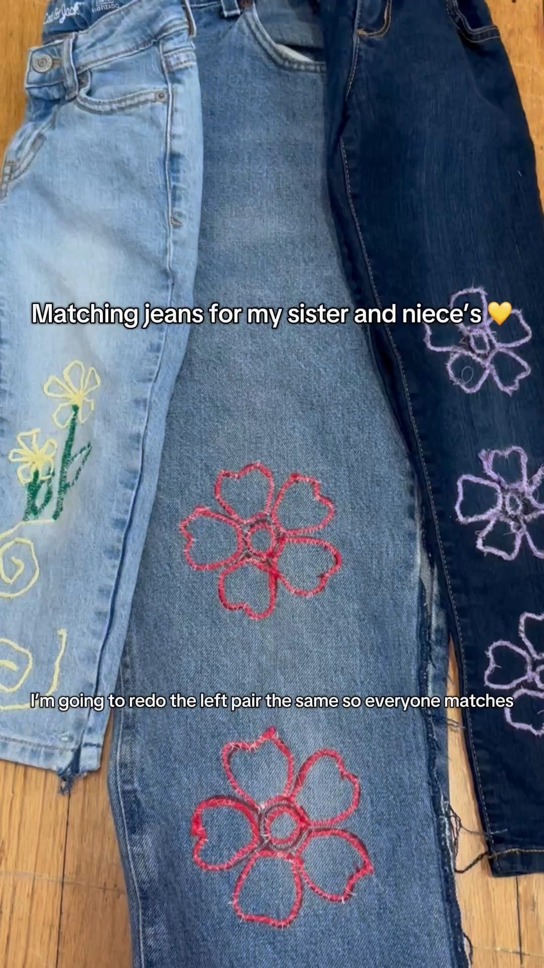I wanna call this embroidery but yall keep saying it's not the same but also isn't the same as couching so here's my flower jeans for my sissy and the girls so we can all match bc I already made myself a pair with the yellow flower and sisters are same same but different 
we've always matched we have
matching tattoos (o
now she has two
daughters and that matches us too cause they're sisters like us please my heart. #beginnersewing #sewdiy #upcyclingdenim #sewwithme #brothersewingmachine #upcycledclothing #upcycledfashion #couchingsewingmachinemethod

#LTKSaleAlert #LTKFindsUnder100 #LTKFindsUnder50