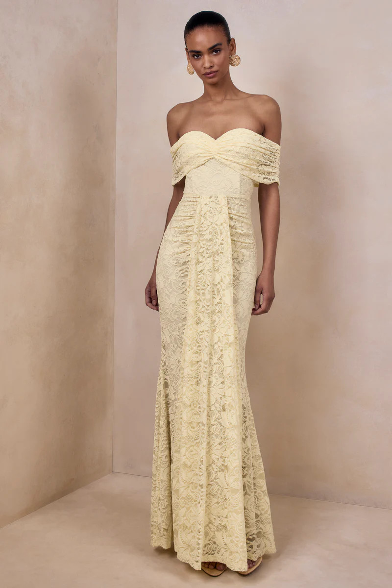 Aries  Lemon Lace Bardot-Neck Maxi Dress With Gathered Detailing | Club L London