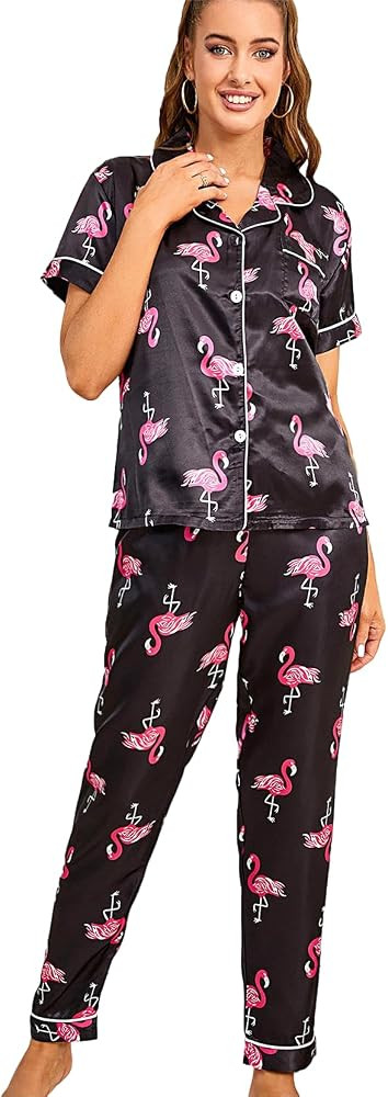 Women's 2 Piece Sleepwear Striped Satin Short Sleeve Shirt and Pants Pajama Set | Amazon (US)