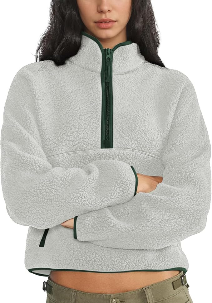 Womens Fleece Sweatshirts Cropped Half Zip Fuzzy Warm Sherpa Pullover Varsity Jackets with Zipper... | Amazon (US)