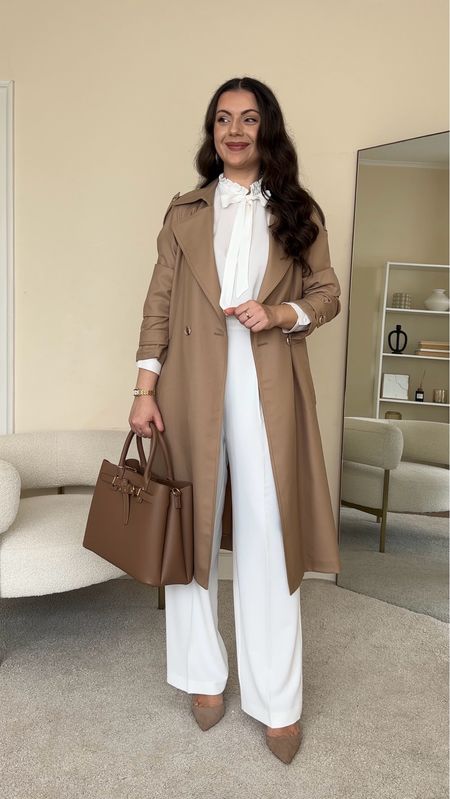 Classic neutral Spring work outfit. 
Blouse is from Mango, wearing size S. It’s out of stock, I’ve linked similar. Trench coat is from Goelia, wearing size M. Trousers are from Goelia, wearing size 29. Heels are from H&M. Handbag is from NewLook. 

#LTKstyletip #LTKworkwear #LTKeurope