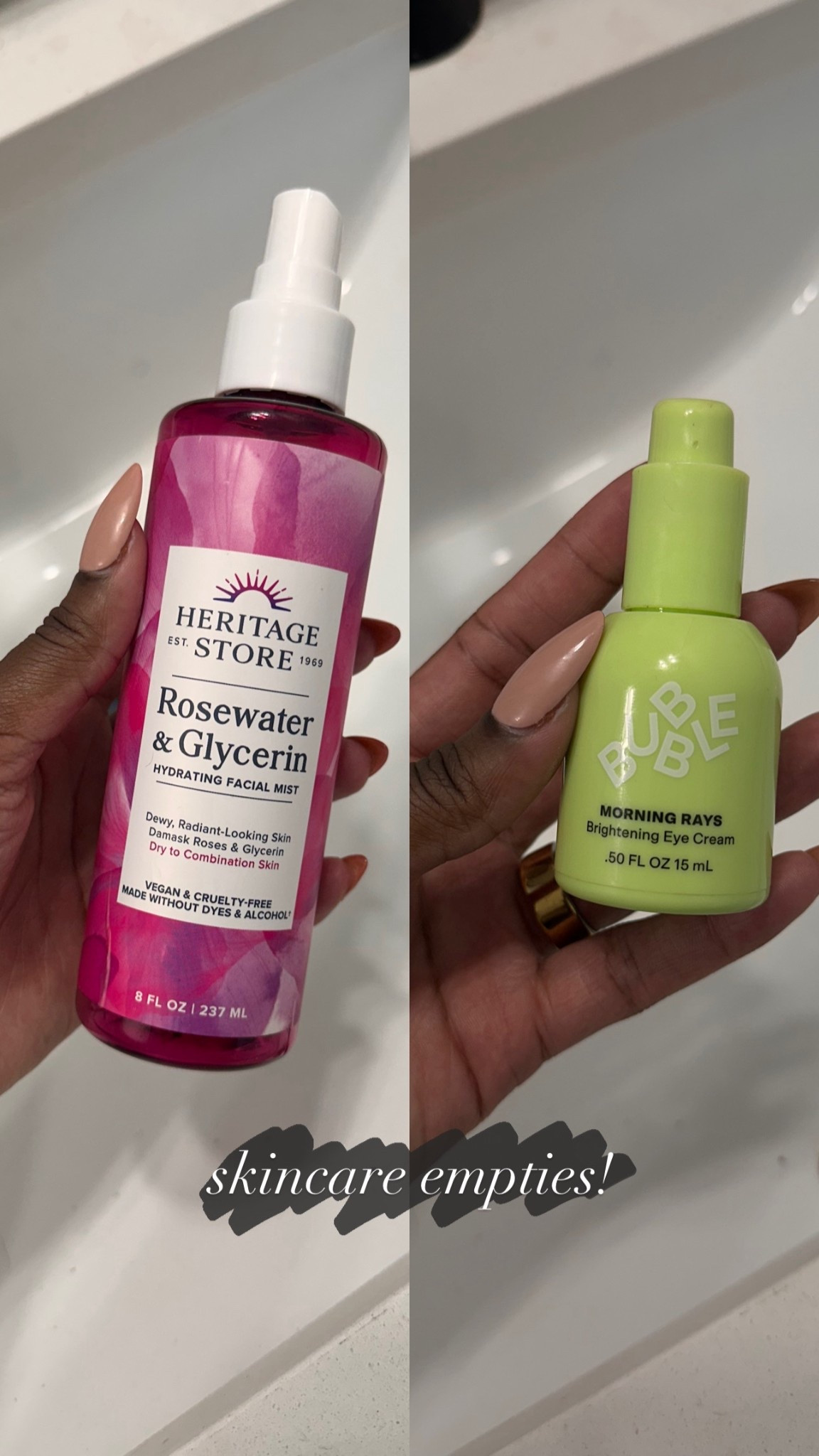 skincare empties! my holy grail rosewater & glycerin spray that I’ve been using for yearssssss. I just started using the bubble morning rays brightening eye cream, and I’ve noticed how hydrated my under eyes look and when I wear makeup, creasing is non existent!!

#LTKselfcare #LTKmorningroutine