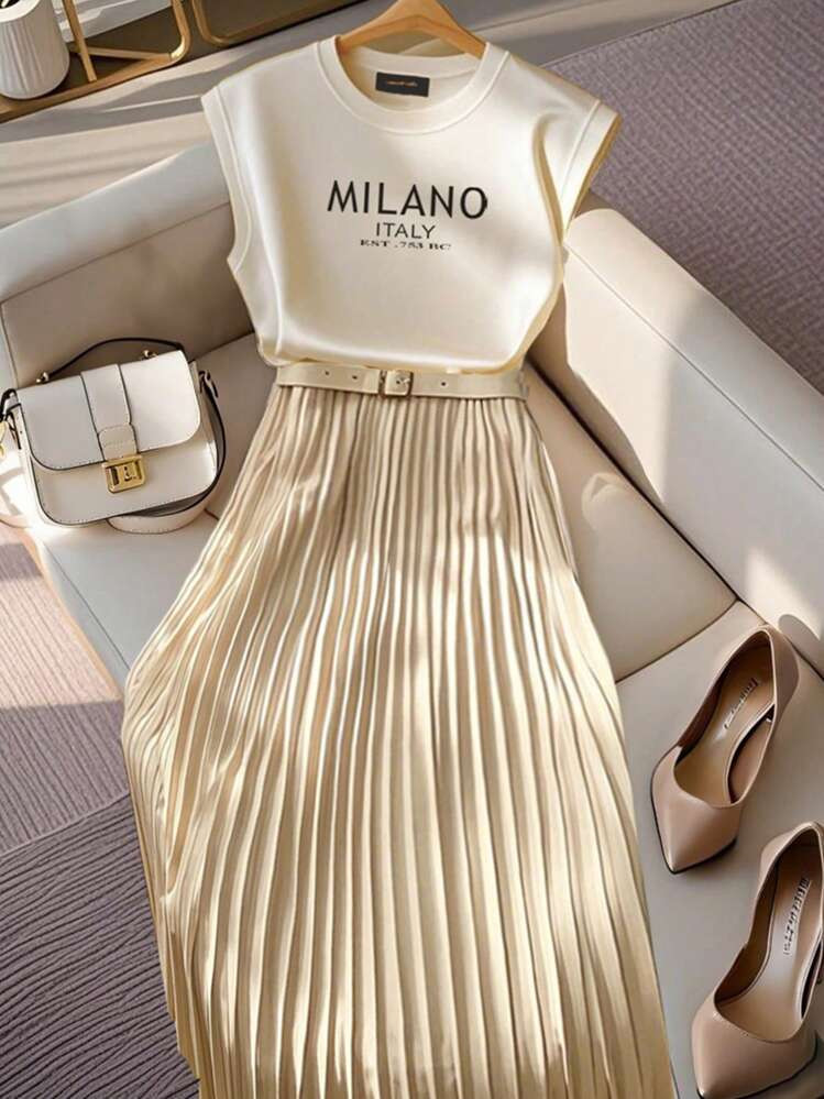 Franclia Women Knit Printed Sleeveless Top And Pleated Skirt Set, 2pcs Casual Outfit, Apricot Color, Does Not Include Belt | SHEIN