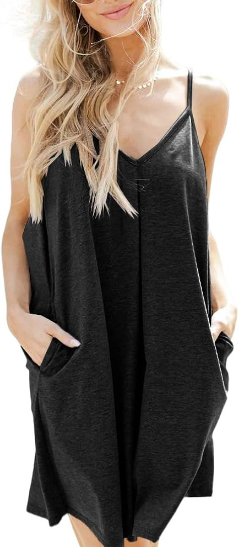Langwyqu Womens Summer Tunic Dress V Neck Spaghetti Strap Loose Dress with Pockets | Amazon (US)