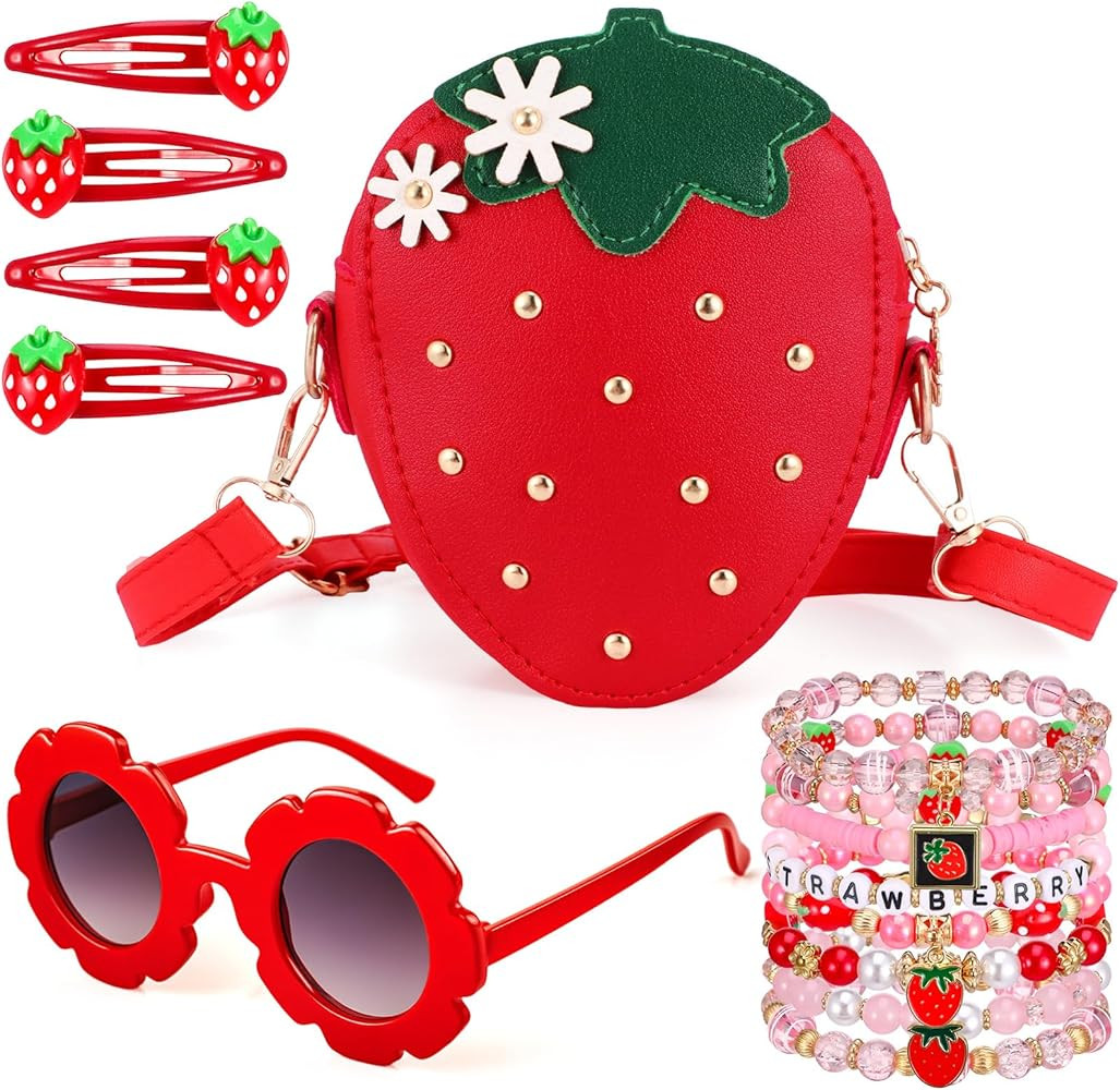 Purse for Girls, Strawberry Accessories Gift Set Cute Purse Fruit Snap Hair Clip Stackable Bracel... | Amazon (US)