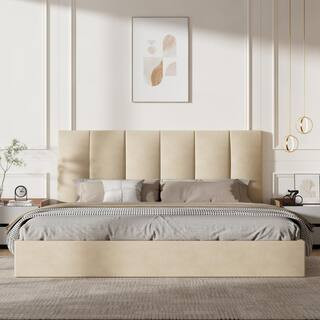 Ahokua Beige Plywood Frame King Size Linen Upholstered Platform Bed with Lifting Storage BH001-ST... | The Home Depot