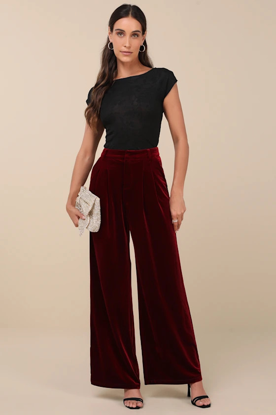 Chic Splendor Wine Red Velvet Pleated High-Rise Wide-Leg Pants | Lulus