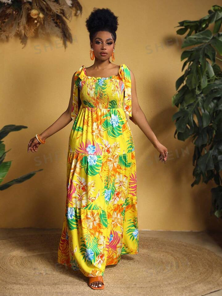 SHEIN Slayr For Women Plus Size Tropical Print Tie Waist Dress Hawaiian Dress | SHEIN