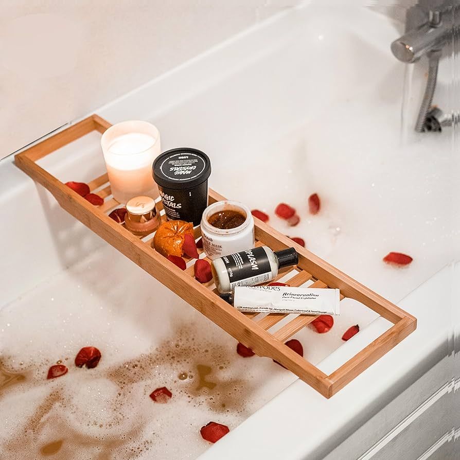 Almineez Luxury Bamboo Wood Bath Tub Caddy Rack Tray, Water Resistant Bathroom Shelf Tidy Tray St... | Amazon (UK)