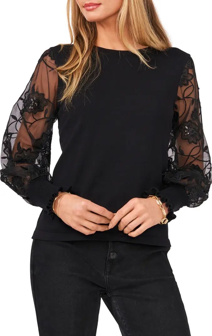 Vince Camuto Floral Sequin Sleeve Cotton Sweater | Nordstrom | Nordstrom