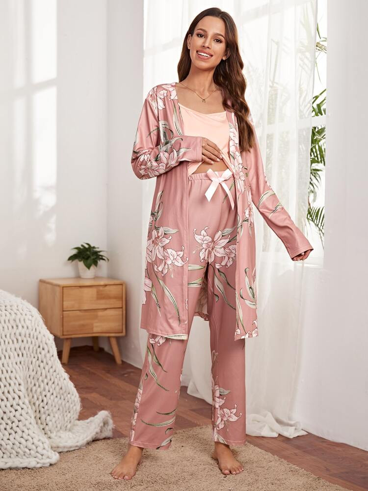 Maternity Floral Print Robe & Adjustable Elastic Waist Pants And Cami Top Pajama Set | SHEIN