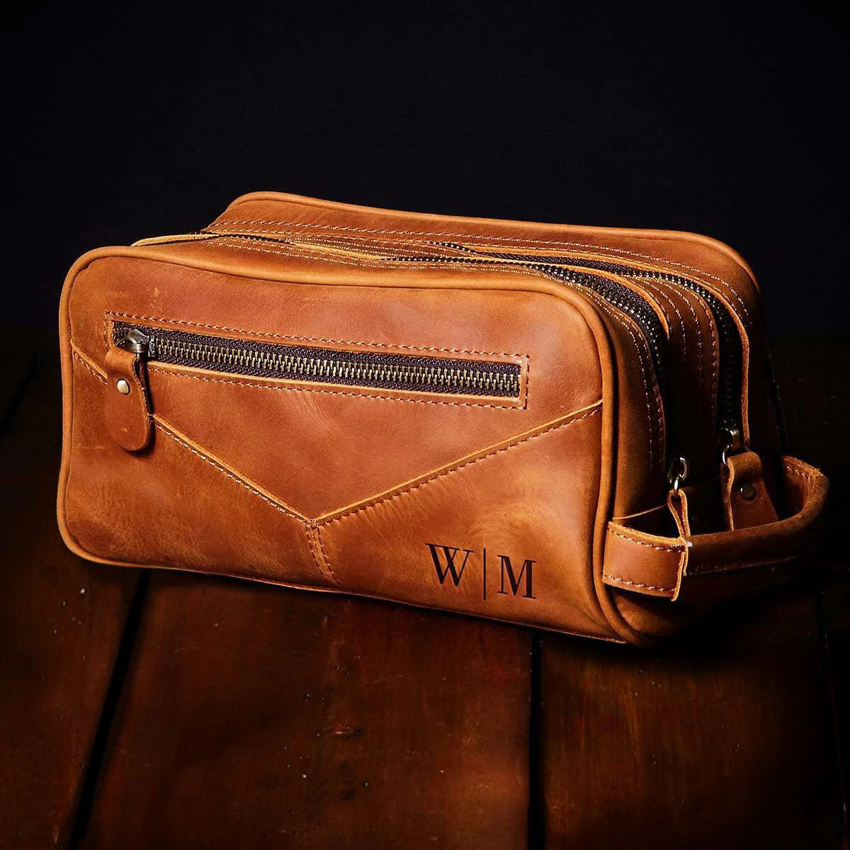 Beckham Mens Toiletry Bag - Monogrammed Brown Saddle Leather Multi-Pocket Dopp Kit | HomeWetBar.com