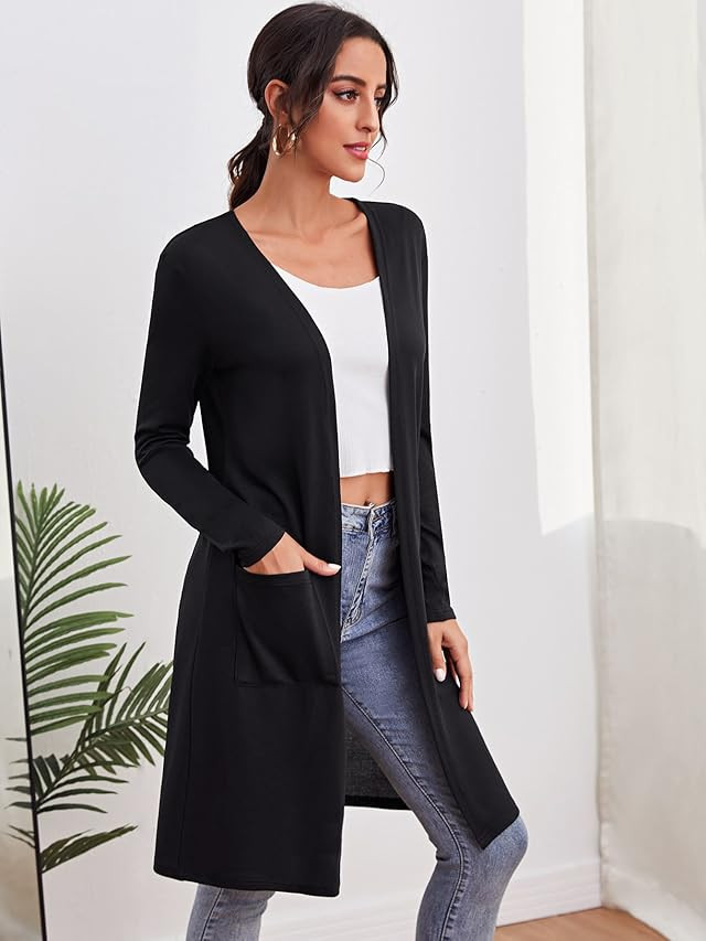 SheIn Women's Long Duster Open Front Long Sleeve Lightweight Cardigan with Pockets | Amazon (US)