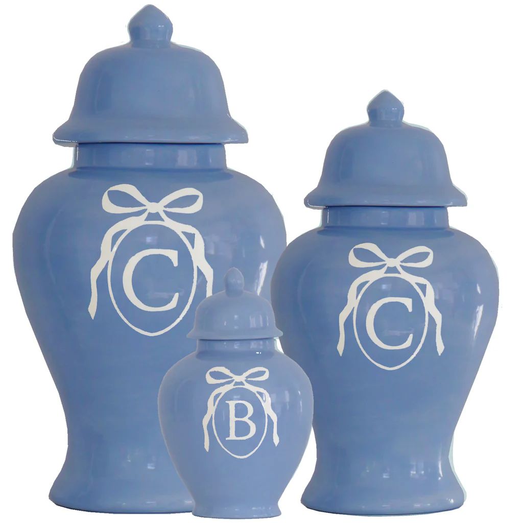 Monogrammed Bow Ginger Jars in French Blue for Lo Home x Veronika's Blushing | Lo Home by Lauren Haskell Designs