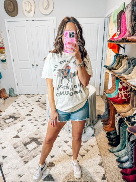 Western tee shirt denim shorts white sneakers - causal summer outfit / how to style a graphic tee 

#LTKShoeCrush #LTKStyleTip #LTKFindsUnder50