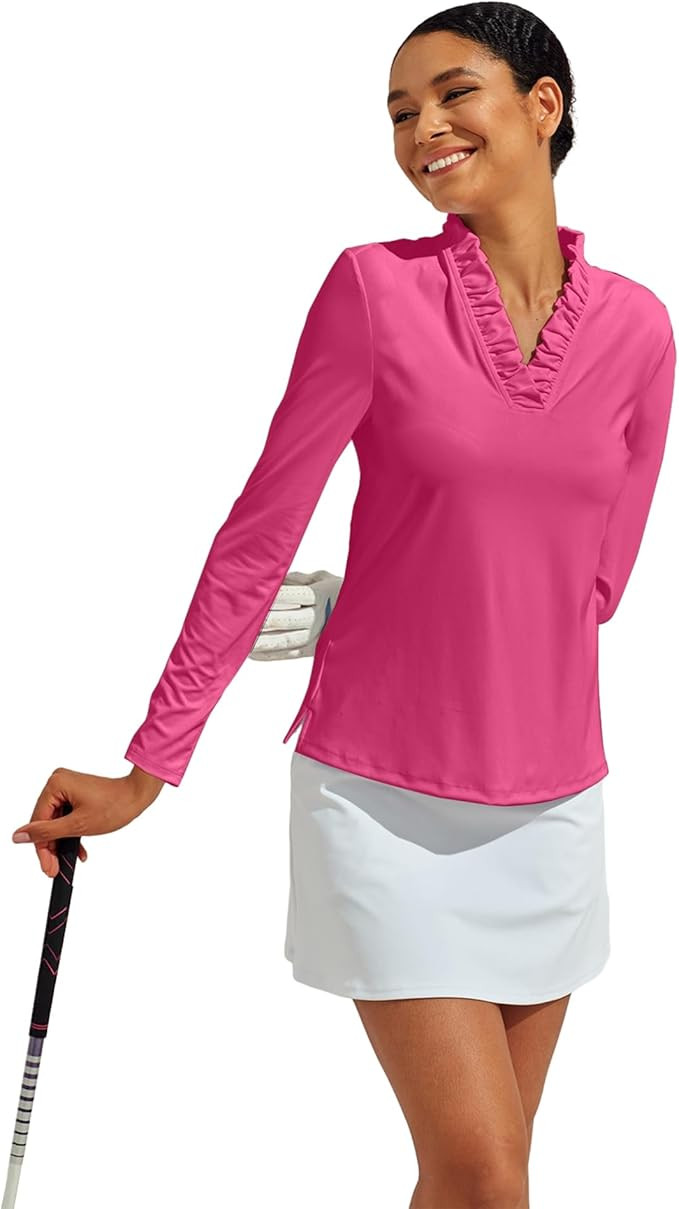ACEGOLFS Womens Golf Polo Shirts Casual Ruffle V Neck Long Sleeve Tops for Women UPF 50+ Rash Gua... | Amazon (US)