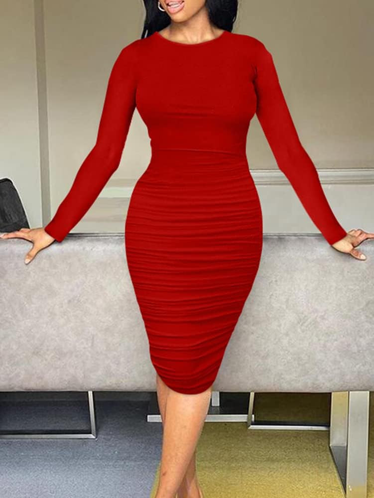 BEAGIMEG Women's Ruched Long Sleeve Elegant Bodycon Basic Casual Midi Dress | Amazon (US)