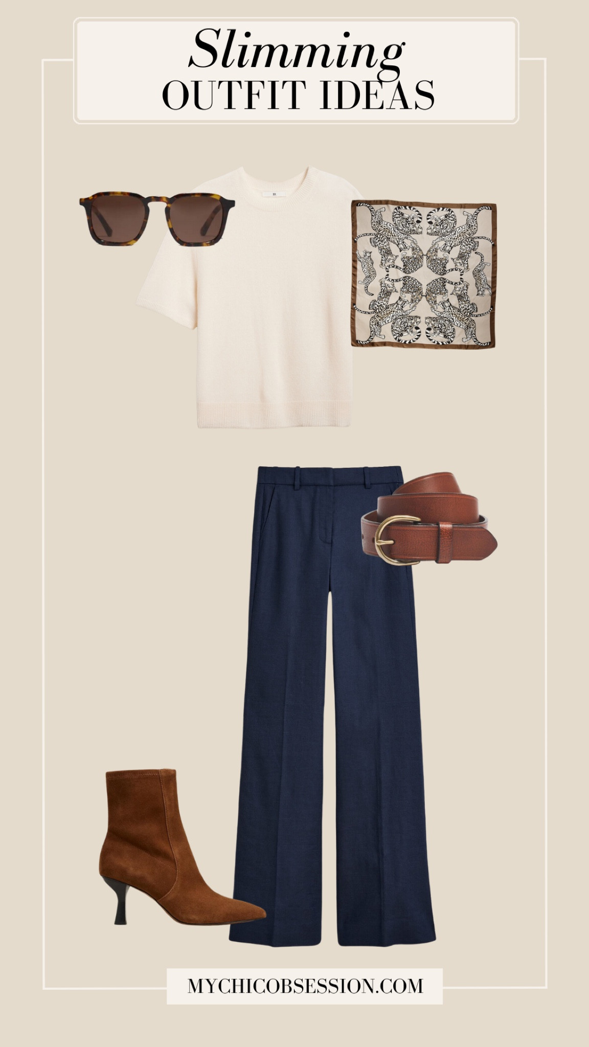 Choose high-waisted pants to achieve a slimming effect. Pair them with a cashmere tee tucked in with a leather belt, a silk patterned scarf, sunglasses, and heeled boots.

#LTKStyleTip #LTKSeasonal