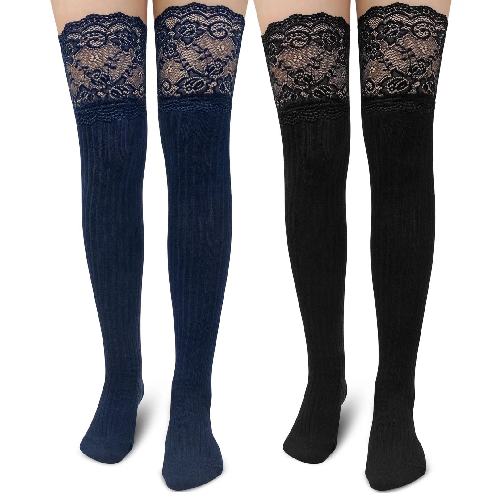 Loritta 2 Pairs Women Thigh High Socks Thick Stocking over Knee Cotton Knitted Lace Top Size 6-9 | Walmart (US)