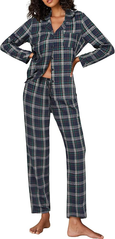 Ekouaer Pajamas for Women 2 Piece Lounge Set Long Sleeve Plaid Sleepwear Casual 2 Piece Pjs S-XXL | Amazon (US)