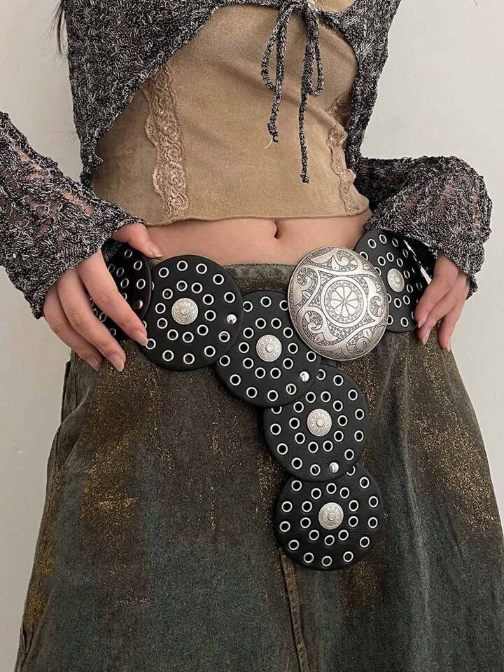 1pc Women's Black Pu Hollow Out Western Style Metal Grommets Round Buckle Belt | SHEIN USA | SHEIN