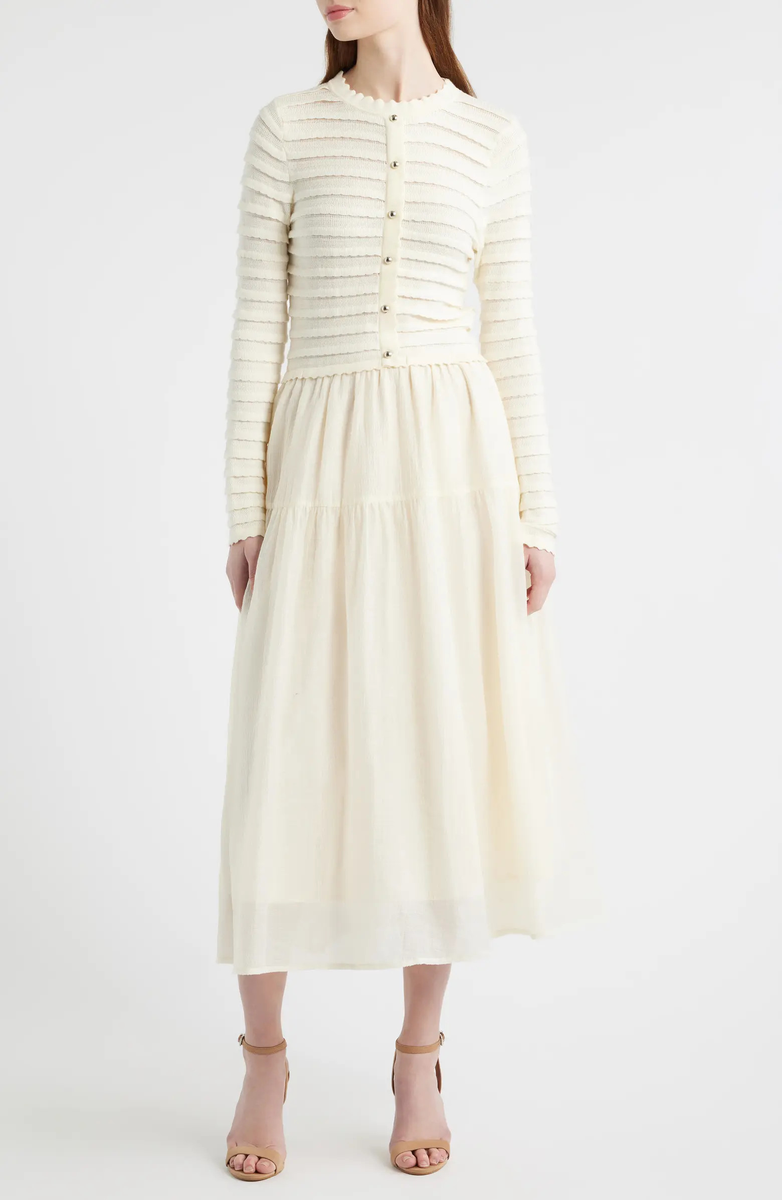 Mixed Media Long Sleeve Scallop Stitch Tiered Midi Dress | Nordstrom