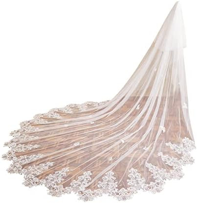 EllieWely Long Cathedral Length 2 Tier Sequin Lace Wedding Bridal Veil F09 | Amazon (US)