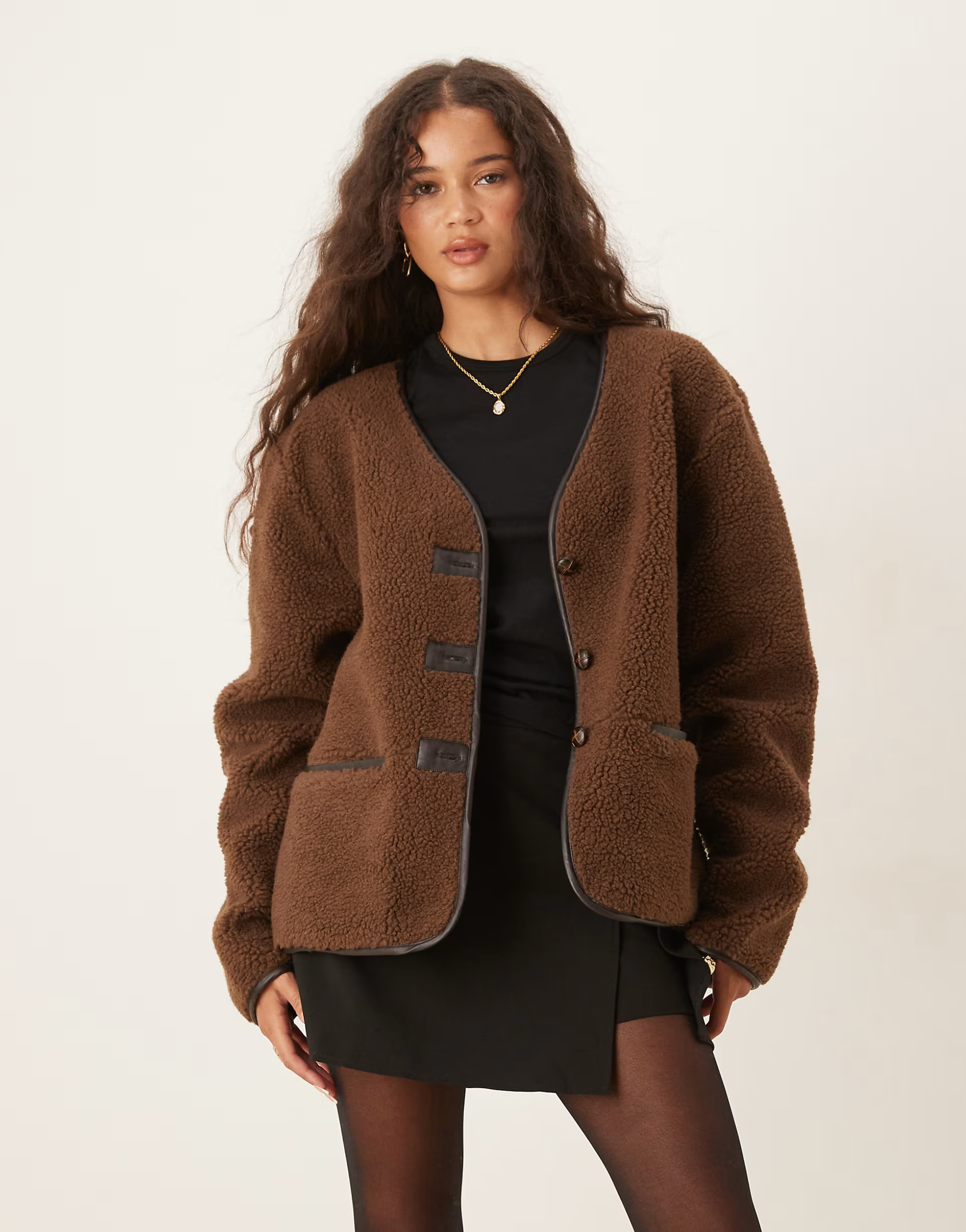 ASOS DESIGN oversized borg fleece cardigan with pu trim in chocolate | ASOS (Global)
