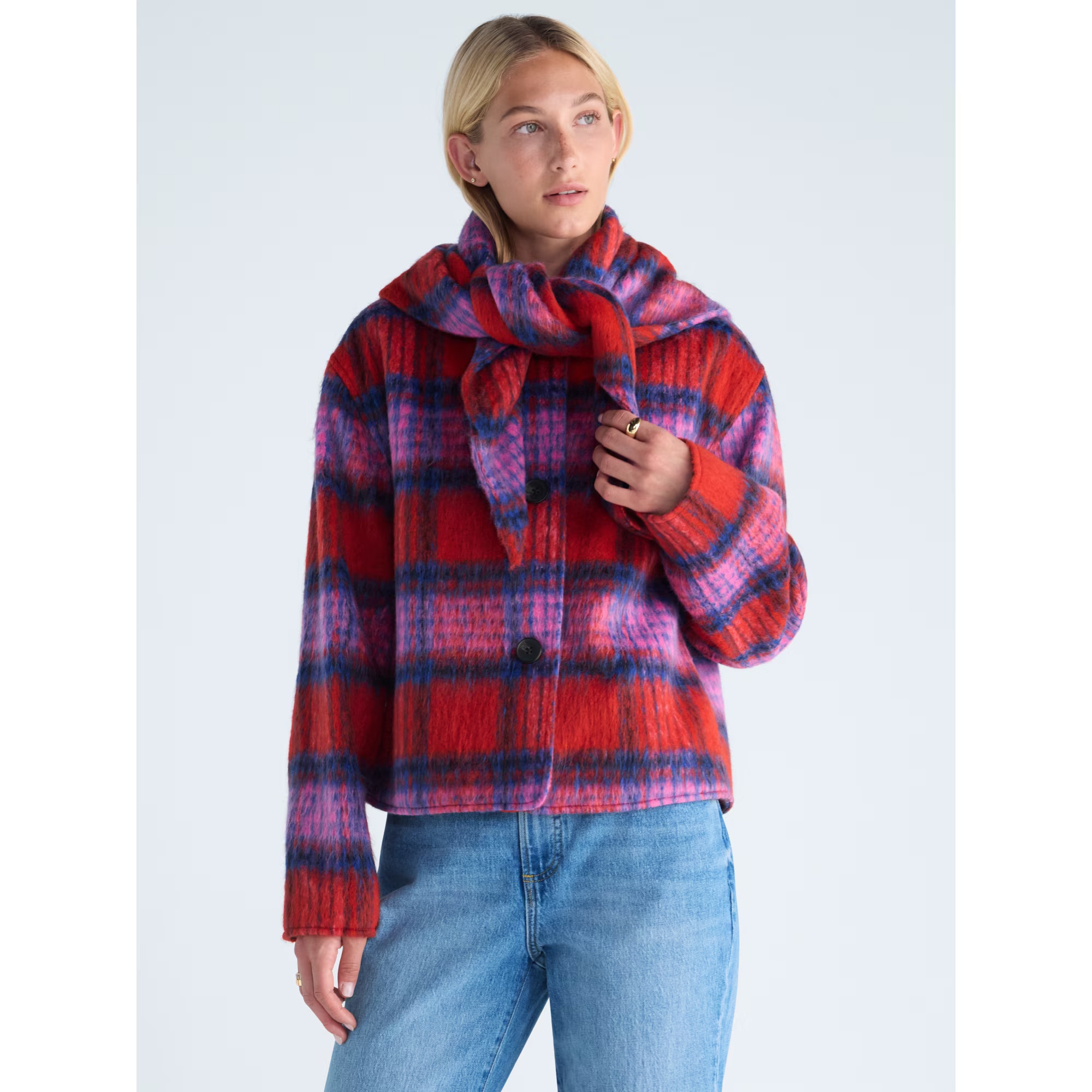 Free Assembly Women's and Women's Plus Plaid Cropped Jacket with Scarf, Sizes XS-4X | Walmart (US)