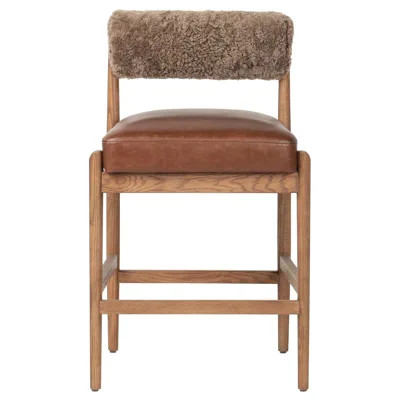 Aven Modern Classic Brown Leather Shearling Oak Counter Stool | Kathy Kuo Home